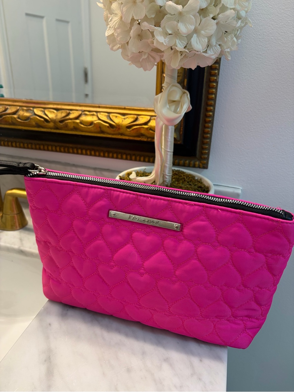 Betsey Johnson Hot Pink Quilted Heart Cosmetic Pouch
